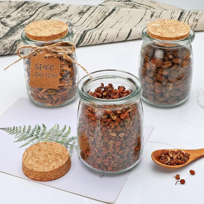 Yogurt Containers with Cork Lids 6 pcs,7 oz Glass Jars with Lids | Pudding Containers with Lids, Mason Jar Wedding Favors Honey Pot with Label Tags and String for baby Shower Party Favors