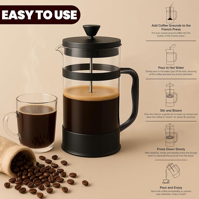 Utopia Kitchen Borosilicate Glass French Press Coffee Maker 34 oz, Heat-Resistant Cafetiere & Tea Maker, Thickened Glass Coffee Press for Travel and Camping, Black (Pack of 2)