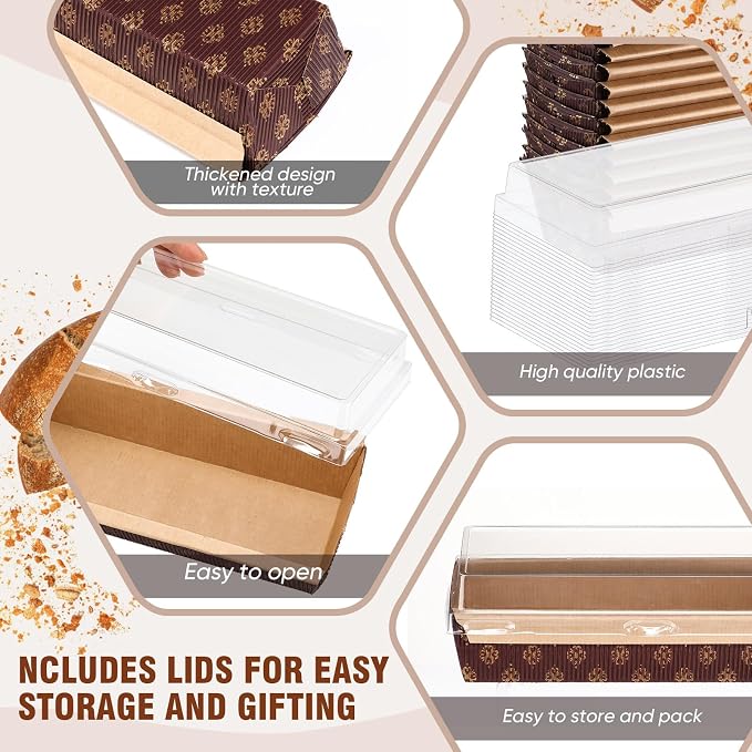 50 Pcs Paper Baking Loaf Pan with Lids Disposable Paper Pans Mold for Christmas Winter Birthday Cake Bread Bakery Holiday Gifts(7.87 x 2.55 x 1.94 Inches)