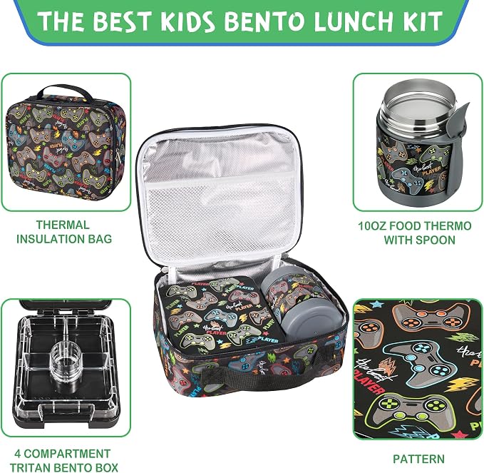 Pawtong Bento Lunch Box Set With 10oz Soup Thermo, Leak-proof Lunch Containers with 4 Compartment, Kids Hot Thermo Food Jar/Insulation Lunch Bag, Food Containers for School (Black-Games)