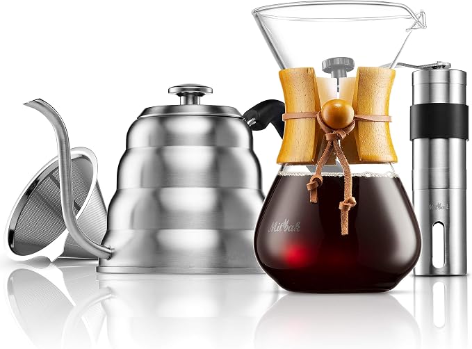 Pour Over Coffee Maker Set | Kit Includes 40 OZ Gooseneck Kettle with Thermometer, Coffee Mill Grinder & 20 OZ Coffee Dripper Brewer | Great Replacement for Coffee Machines