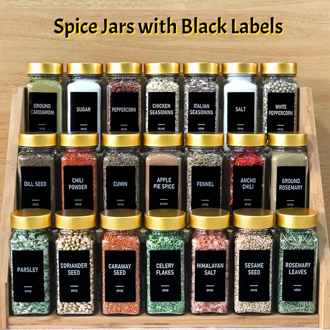 24 Pack Spice Jars with Labels - 4oz Square Glass Seasoning Containers with Shaker Lids & Airtight Metal and Plastic Caps - Complete Spice Organizer Set for Cabinet, Drawer & Rack (24)