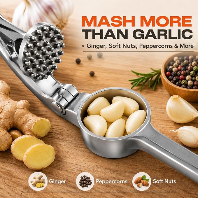 CUNSENR Garlic Press Set, Premium Rust Proof Garlic Mincer Tool with Ergonomic Handle, Easy Squeeze & Easy Clean Garlic Crusher, Dishwasher Safe with Silicone Peeler and Brush - Silver
