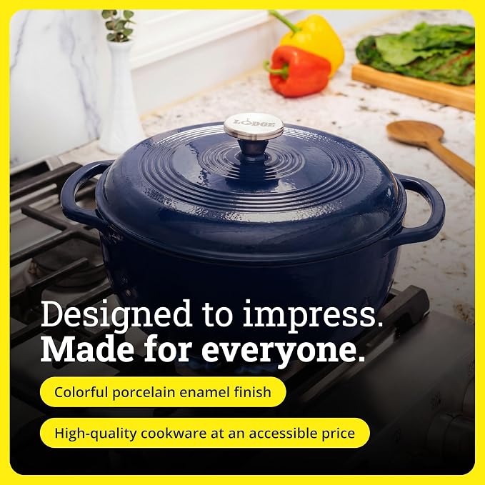 Lodge Essential Enamel Cast Iron Dutch Oven 6 Quarts - Perfect for Bread Baking, Braising, Marinating & Slow Cooking, Features Moisture-Sealing Lid & Dual Handles, Kitchen Essentials, Indigo