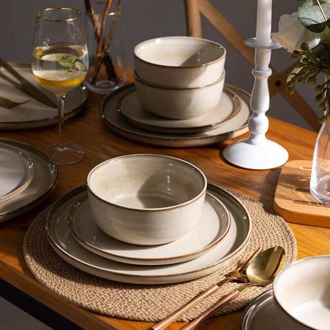 GBHOME Dinnerware Sets for 8, 24 Pieces Ceramic Plates and Bowls Set | Scratch Resistant Stoneware Dishes Set, Dishwasher & Microwave Safe, Reactive Glaze-Cappuccino