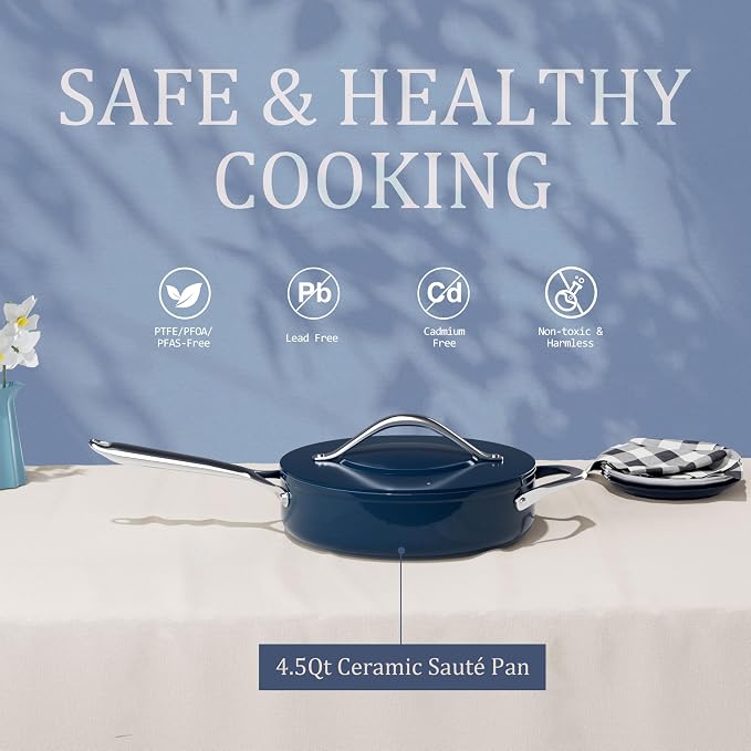 CookinCraze Premium Ceramic Sauté Pan with Lid, 4.5 QT Nonstick Deep Pan | for Healthy Everyday Cooking, PFAS & PTFE Free, Induction Compatible, Oven Safe up to 500°F, Stay-Cool Handle, Navy Blue