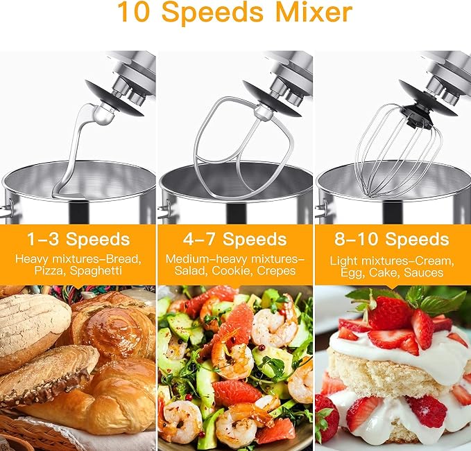 Stand Mixer 7.5QT 10-Speed 660W Tilt-Head Kitchen Electric Food Cake Mixer with Stainless Steel Bowl, Whisk, Dough Hook, Beater & Splash Guard, Silver
