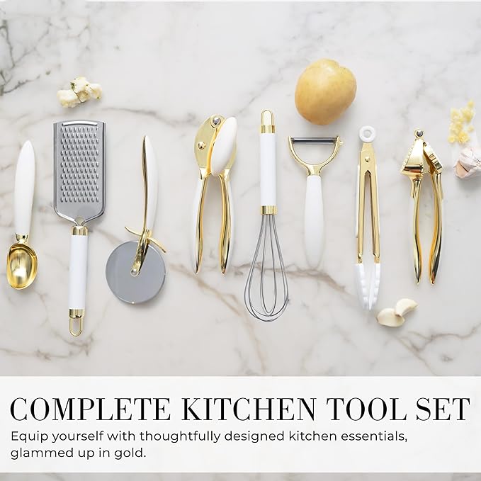 Styled Settings White & Gold Cooking Utensils Set, 8-Piece | Kitchen Utensils Set Includes Can Opener, Tongs and Garlic Press, White and Gold Kitchen Accessories for Kitchens
