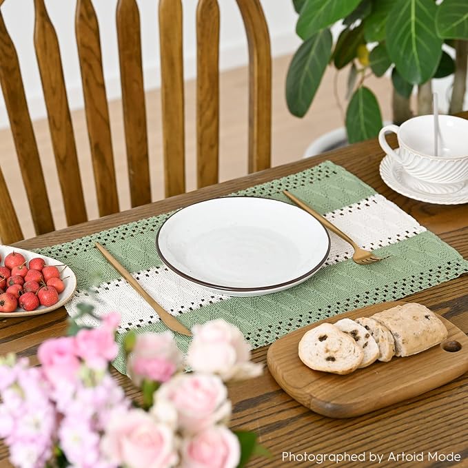 Artoid Mode Light Green Farmhouse Rustic Placemats Set of 4,12x18 Inch Seasonal Hollow Table Mats Party Kitchen Dining Decoration