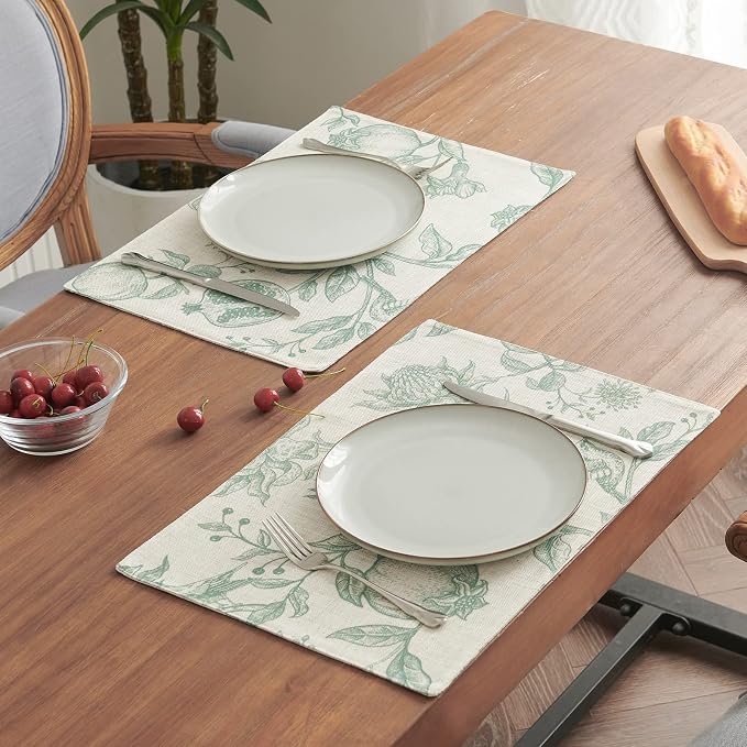 JINCHAN Linen Placemats Set of 4 Farmhouse Botanical Print 13x19 Inch Green | Fabric Placemats, Cottage Style, Botanical Bird Motif, Machine Washable, Easy to Store, Reusable