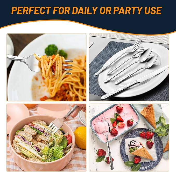 NICE KITCHEN Silverware Set, 40 Piece Heavy Duty Silverware Cutlery Sets | Premium Stainless Steel Flatware Set for 8 with Wavy Patterns, Spoons and Forks Set, Mirror Polished, Dishwasher Safe
