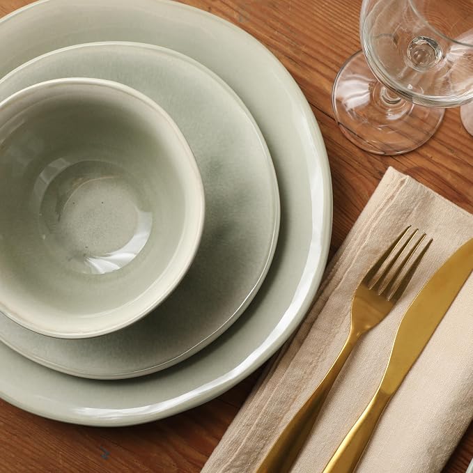 Gibson Elite Port Barton Plates and Bowls Sets, 12-Piece Stoneware Dinnerware Sets, Reactive Glaze Dish Set - Green
