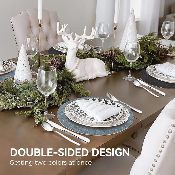 NCUE 13" Faux Leather Round Placemats Set of 4, Reversible Dual-Color | With 3.9" Coasters, 2 mm Vinyl Table Mats, Waterproof Wipeable Heat Resistant, Non-Slip Texture, for Dinner Party Home Decor