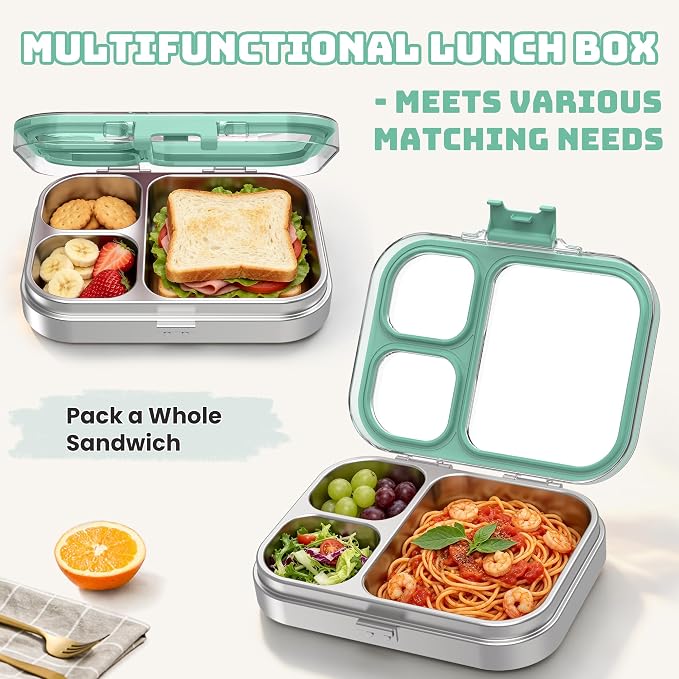 LOHASOK Stainless Steel Bento Lunch Box, 800ml, Green | 3-Compartment, Leak Proof, Lightweight, Clear Plastic Lid, for Kids Adults, BPA/BPS Free, Dishwasher Safe