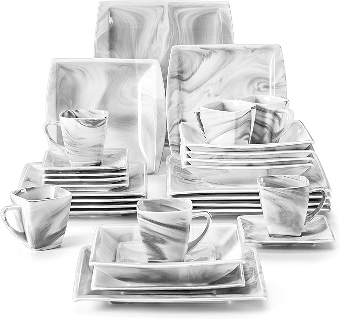 MALACASA Dinnerware Sets, 30 Piece Porcelain Plates and Bowls Sets for 6, Square Dish Set with Dinner Plates Set, Cup and Saucer, Modern Dishware Dishes Microwave Safe, Marble Grey, Series Blance | Complete with Plates, Bowls, Cups, Saucers, Microwave ...