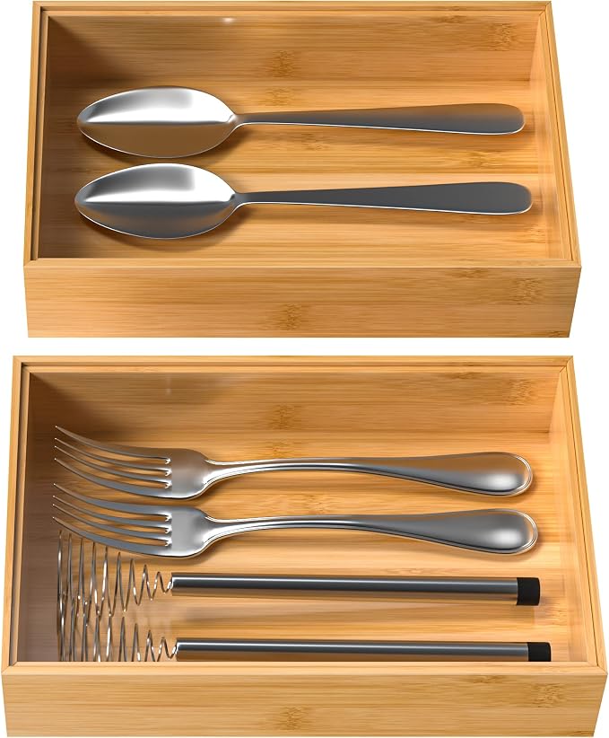 VeyFey Silverware Tray for Drawer, Stackable Kitchen Bamboo Drawer Organizer 9" x 6" x 2" Set of 2
