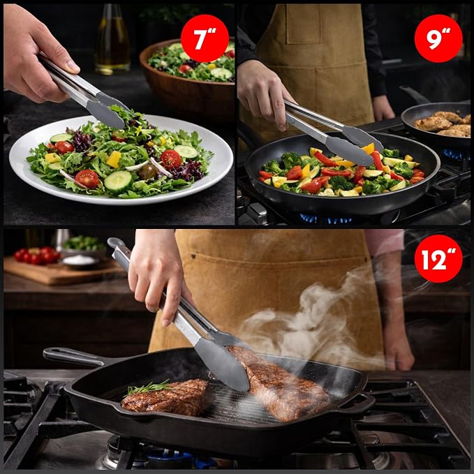 Kitchen Tongs - 12, 9 & 7 Inch Locking Silicone Tongs for Cooking, Set of 3 | Grey Tongs with Silicone Tips, Heat Resistant Tongs for Grilling, Serving, Mixing