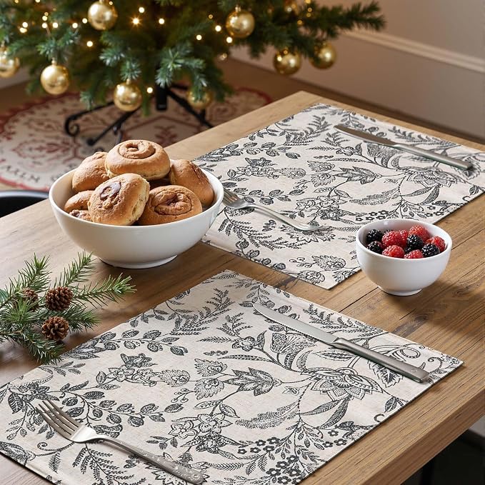 JINCHAN Linen Floral Placemats Set of 4 Farmhouse 13x19 Inch Black | Fabric Placemats, Cottage Style, Vintage Botanical Pattern, Machine Washable, Easy to Store, Reusable