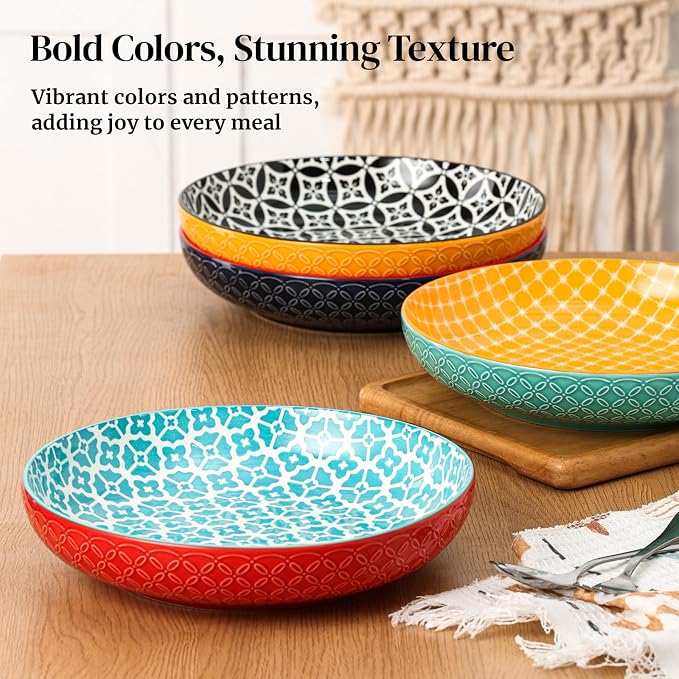 DOWAN 10" Vibrant Pasta, Salad & Soup Serving Bowls Set of 4, Embossed Large Porcelain Ceramic, Microwave & Dishwasher Safe, Bonita Design Dinnerware Dishes for Daily Dining, Family Gatherings, Party