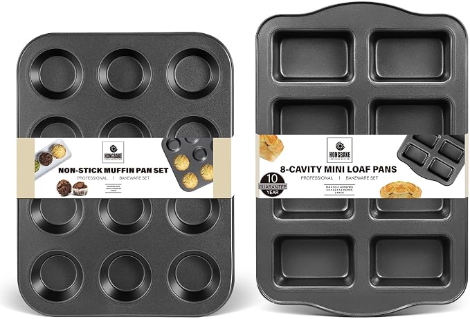 Nonstick Muffin Pan 12 Cup and Mini Loaf Pans 8 Cavity, Cupcake Tin for Baking and Small Banana Bread Tray - Grey