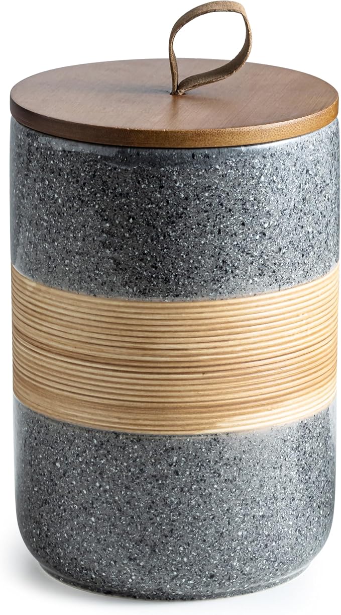 Miamolo Large Coffee Container with Lid, Ceramic Kitchen Food Storage Jar | Stackable Coffee Canisters, Airtight Lid for Tea Sugar Dry Goods | Stackable Decorative Jar for Bar Station | Grey & 61 fl.oz