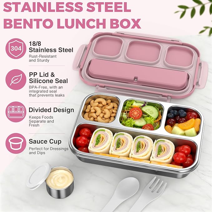 Stainless Steel Bento Box Adult Kids, Leakproof Metal Lunch Box Containers 4 Compartments, 32 Oz Reusable Food Storage Containers for Office and School, Pink