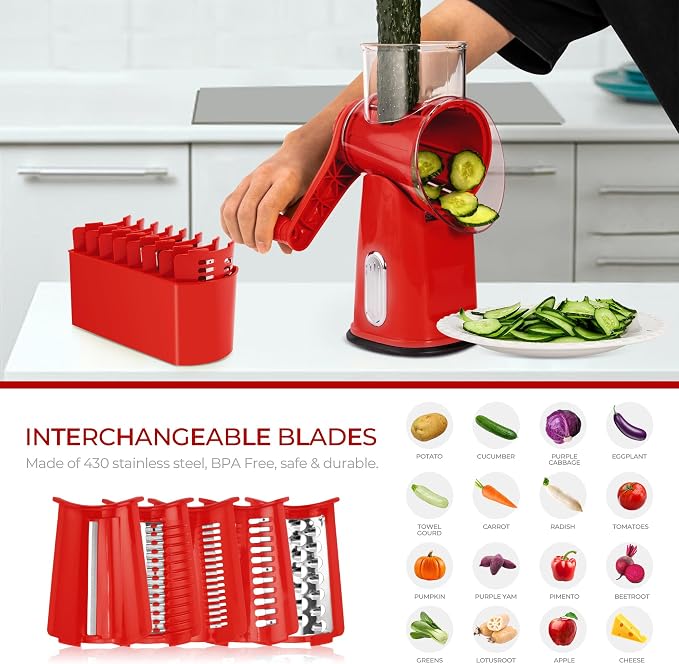 SUSTEAS Rotary Cheese Grater 5 Blades,Kitchen Mandoline Vegetable Slicer | Red, Easy to Clean, Strong Suction Base, 5 Blades Storage Box, Round Mandoline Slicer & Food Chopper for Salad