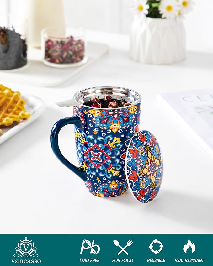 vancasso Ceramic Tea Mug with Infuser and Lid, 18 Ounce Bohemian Loose Leaf Cup, Microwave & Dishwasher Safe, Perfect for Tea, Coffee, Royal-Crimson Flourish