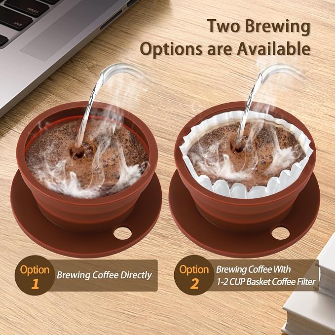 Collapsible Paperless Pour Over Coffee Dripper with Reusable Stainless Steel Coffee Filter, Single Cup Travel Pour Over Coffee Maker Camping, Portable Silicone Drip Coffee Maker Pour Over Brown