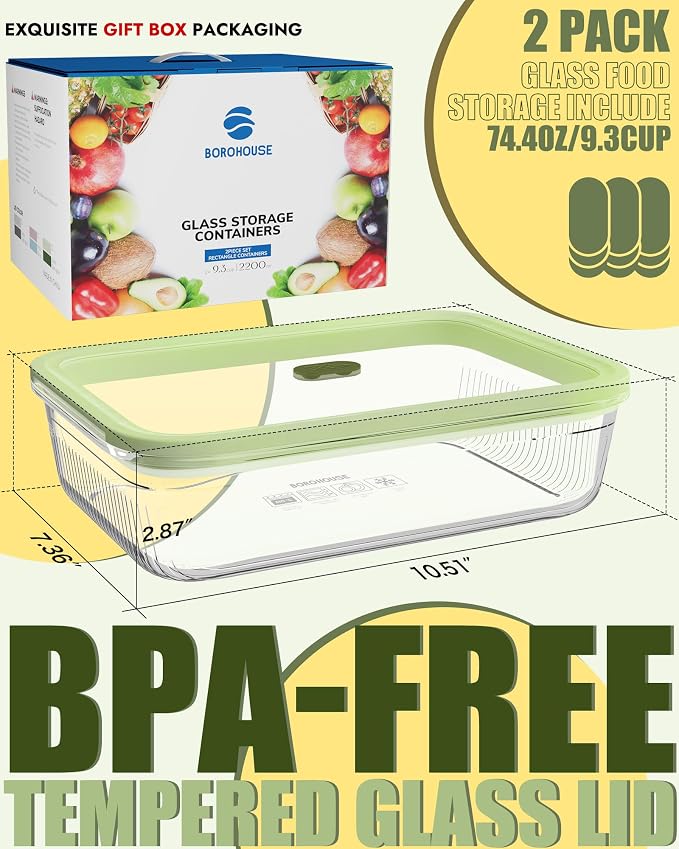 Glass Meal Prep Containers with Lids 2 Pack, 74oz(9.3 Cup) Airtight Food Storage Containers Set with Tempered Glass Lids & Steam Release, Freezer/Microwave/Oven/Dishwasher Safe, BPA-Free