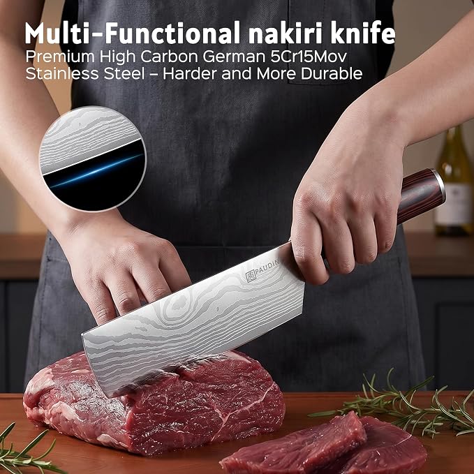 PAUDIN Nakiri Knife - 7" Razor Sharp Meat Cleaver and Vegetable Kitchen Knife, High Carbon Stainless Steel, Multipurpose Asian Chef Knife for Home and Kitchen with Ergonomic Handle