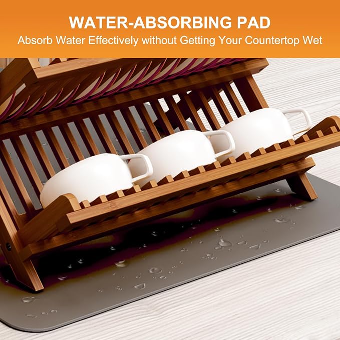 Greenual Teak Dish Drying Rack with Utensil Holder, 3 Tier Collapsible Dish Rack, Wooden Dish Racks for Kitchen Counter, Large Folding Drying Holder with Absorbent Dish Drying Mat