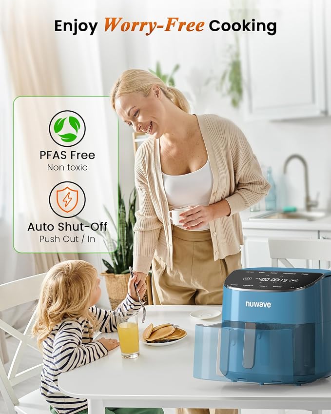 Nuwave Brio Plus Air Fryer 8 Qt, New & Improved, PFAS-Free Ceramic Coating | 7 Digital One-Touch Modes: Air Fry/Bake/Roast/Dehydrate/Toast/Reheat/Preheat; 150 Presets; 50–400°F; 700/1500/1800W; CozyBlue