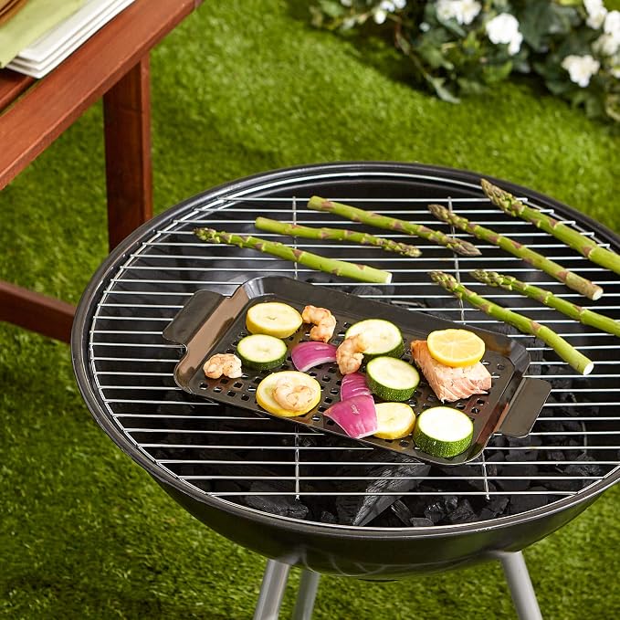 RSVP International Porcelain Coated Steel BBQ Grill Tray/Pan, Outdoor Barbeque Grilling Accessories for Cooking Fish & Vegetables, Dishwasher Safe, Small, 13x7.25"