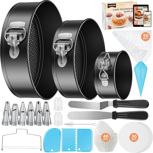 Kootek 144PCs Cake Pan Set, Cake Decorating Kit with 3 Springform Pans | 4 7 9 Inch Baking Pans, Removable Bottom, Easy Release, 50 Piping Bags and 12 Tips, Spatulas, Scrapers, Cake Decorating Tools