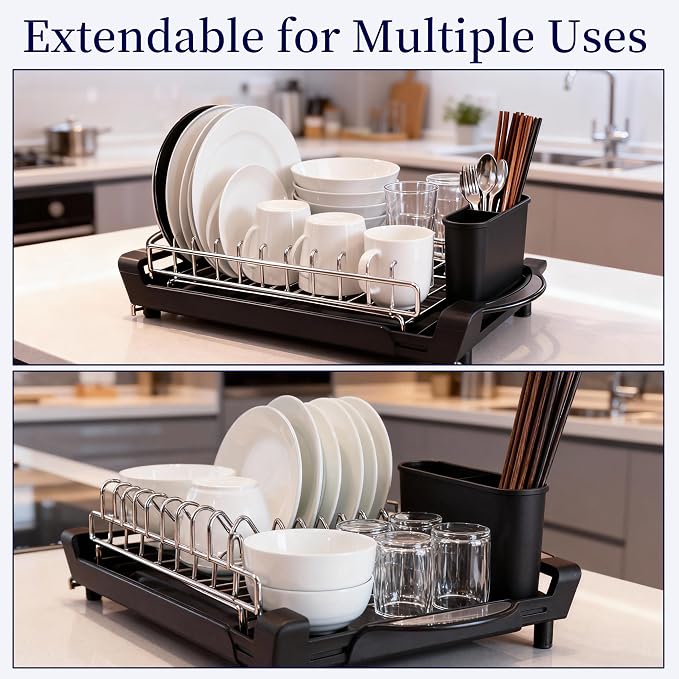 Dish Drying Rack Compact Expandable Double-Decker: Stainless, Rust-Proof, fits Kitchens/Apartments, extends 11.42"-19.9" (Black).