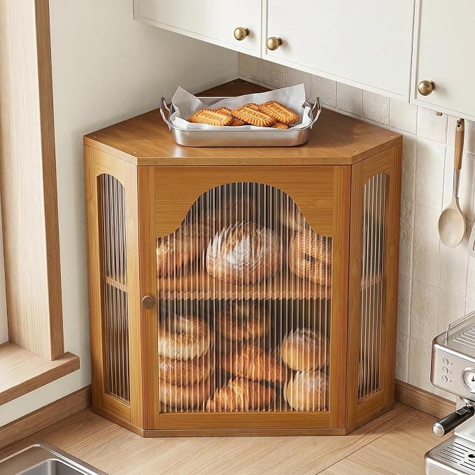 2-Tier Corner Bread Box for Kitchen Countertop with Acrylic Wavy Door Panel | Bread Storage for Homemade Bread, Large Bamboo Vintage Farmhouse Bread Bin, Cabinet Cupboard Pantry, Caramel, Extra Large