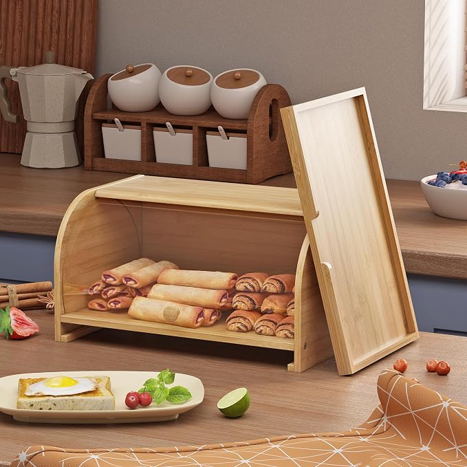 Roll Top Bread Box for Kitchen Countertop with Clear Lid | Natural bamboo, clear roll-top lid. Airtight small breadbox. Includes cutting board. Easy assembly, homemade bread storage