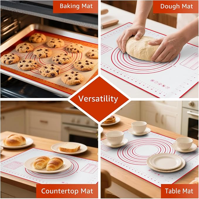 Silicone Baking Mat Dough Mat Non-Slip and Reusable Red | 0.7mm NewUpgraded Mat for Rolling Out Dough, Non Stick Silicone Mats with Measurements for Cookies, Macaroon, Bread, Pastry