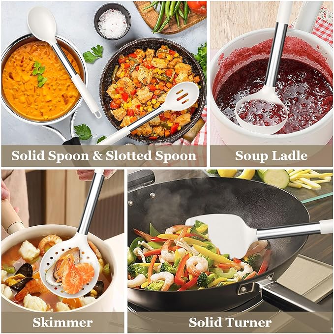 TeamFar Kitchen Utensils Set of 8, Silicone Utensils Kitchen Tools-White | Stainless Steel Handle, for Nonstick Cookware Cooking Stirring Turning, Food Grade & Heat Resistant, Dishwasher Safe - White