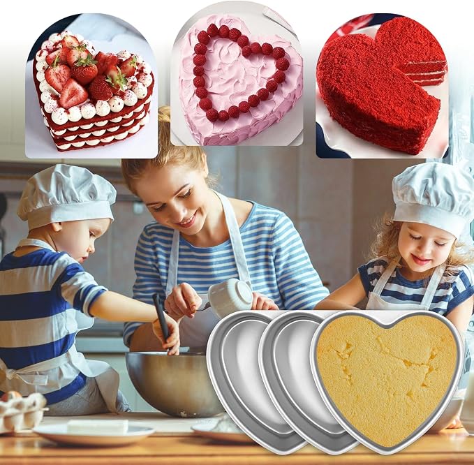 6 Inch Heart Cake Pan - 3 Pack Aluminum Heart Shaped Baking Pans | for Valentine's Day, Wedding, Birthday Party - Nonstick Cake Mold for Oven, DIY Desserts