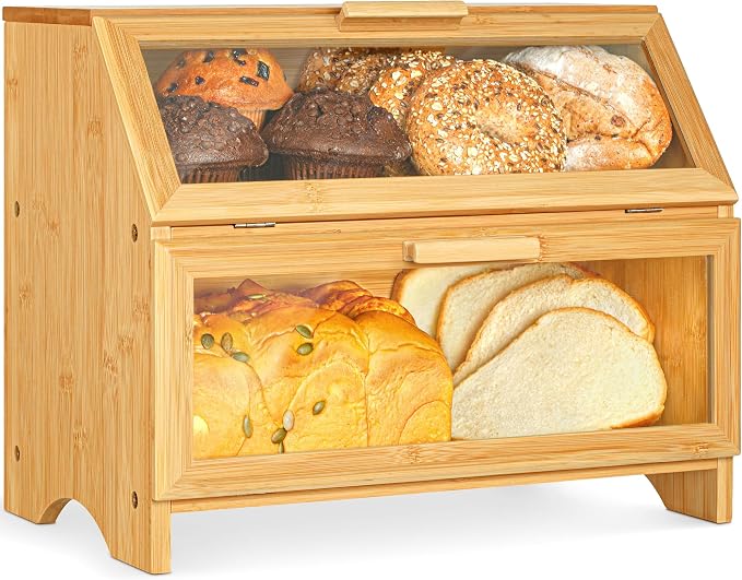 Double Layer Bamboo Bread Box for Kitchen Countertop, Large Wooden Storage Box W/Clear Display Windows, Food Keeper for Muffins, Bagels & Cookies | Golden Nature bread storage box with clear display windows, food keeper for muffins, bagels, cookies, an...