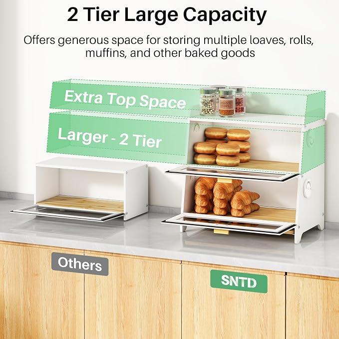 SNTD 2 Tier Bread Box for Kitchen Countertop, Adjustable Ventilation, White | Bamboo Cutting Board, Airtight Design, See-Through Magnetic Door, Bread Storage Container for Homemade Bread, Multi-purpose