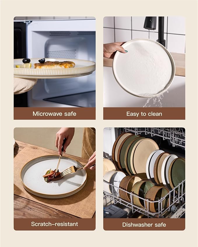 Ceramic Dinnerware Sets for 4, 8-Piece Flat Dinner Plates and Salad Plates | Famiware Premium Stoneware Dishes, Chip & Scratch Resistant, Microwave & Dishwasher Safe, Everyday Dining, Cappuccino White