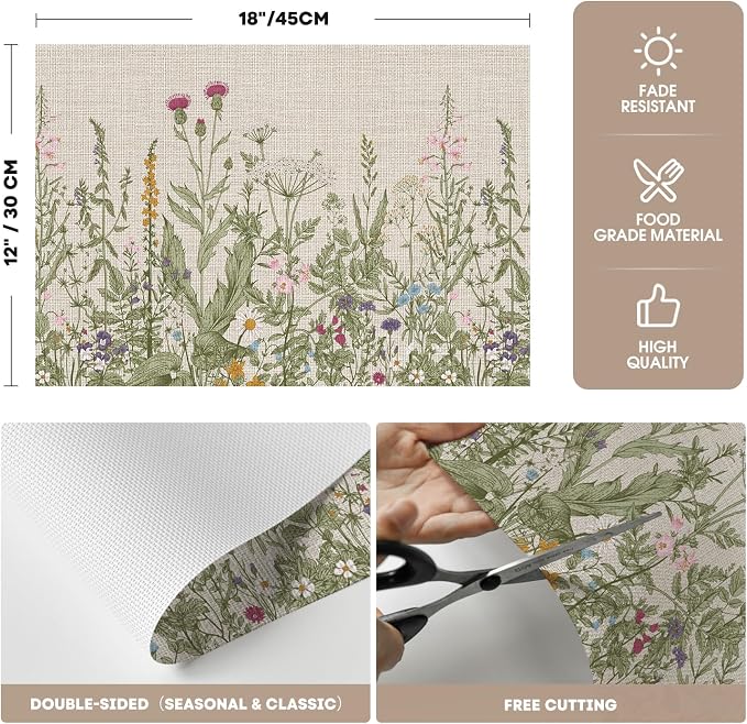 Artoid Mode Wildflower Vinyl Placemats Set of 4, Washable Non-Slip Plastic PVC Table Mats for Spring Party Kitchen Dining Decor, 12x18 Inch