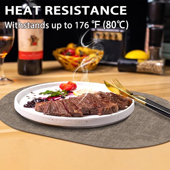 Placemats Set of 6 - Washable Heat Resistant Table Placemats - Wipeable Faux Leather Oval Place Mats, Waterproof Table Mats for Dining Table, Dark Brown