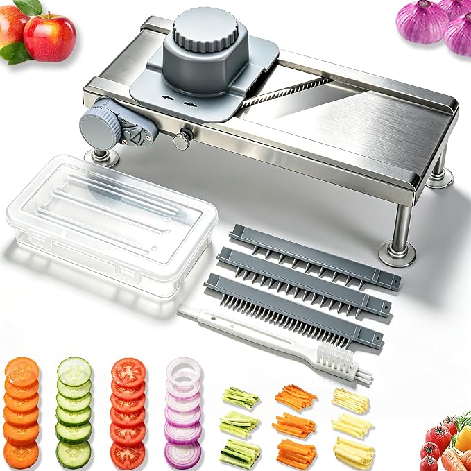 Goldtree Mandoline Slicer Adjustable Vegetable Onion Potato Food Cutter | Stainless steel structure, Precisely adjustable slice thickness, 3 strip-cutting blades, Latest safety hand guard