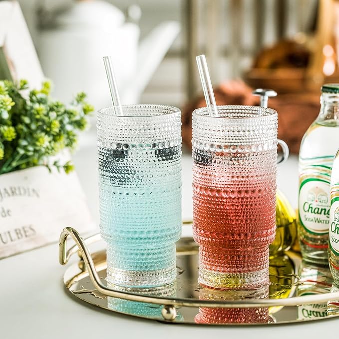 KEMORELA Vintage drinking glasses set of 6, Large 16oz Hobnail Glassware Set, Glass Cups With Straws, Romantic Hobnail Highball Glasses for Bar Beverages Ice Coffee Cocktail Mixed Drinkware
