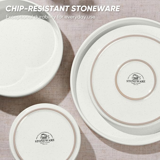 E-far 16-Piece Stoneware Dinnerware Sets with Pasta Bowls, Speckled White | Plates and Bowls Sets for 4, Chip and Scratch Resistant, Microwave & Dishwasher Safe Kitchen Modern Dish Set