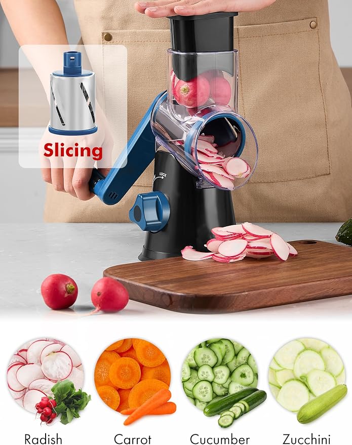 GDL Cheese Grater Hand Crank, Rotary Cheese shredder, Vegetable Slicer | 3 Stainless Steel Blades, 12x Fast Cutting, Non-slip Suction Base, No BPA, Dishwasher Safe, Easy Use for Cheese, Veggies, Nut
